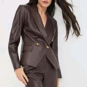 VERONICA BEARD Gail Lambskin Leather Dickey Blazer In Oxblood With Gold Buttons